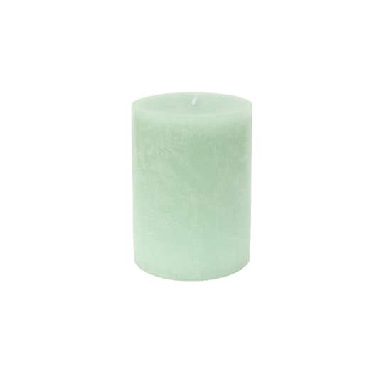 Basic Elements&#x2122; 3&#x22; x 4&#x22; Bergamot &#x26; Tonka Scented Light Green Distressed Pillar Candle by Ashland&#xAE;